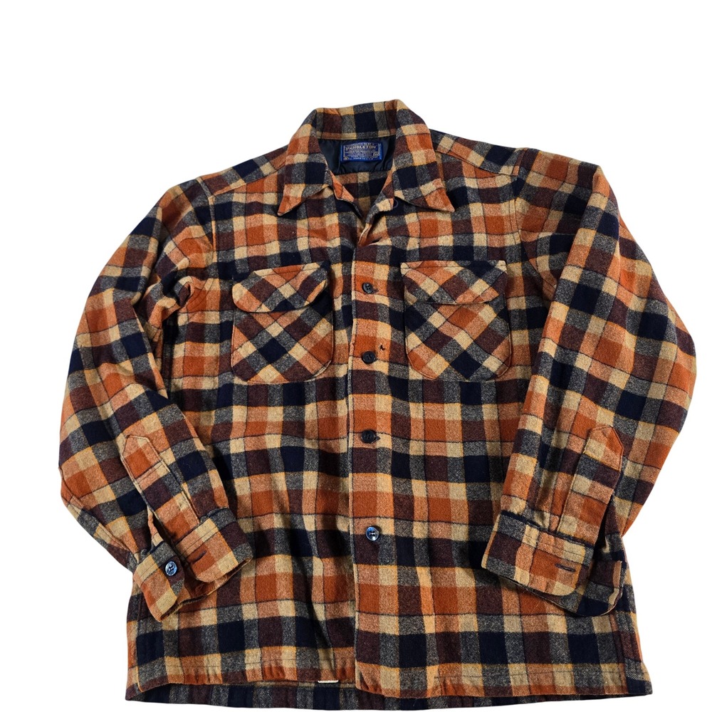 Vintage Pendleton Wool Flannel Shirt Orange Brown Plaid Board Shirt Mens M USA